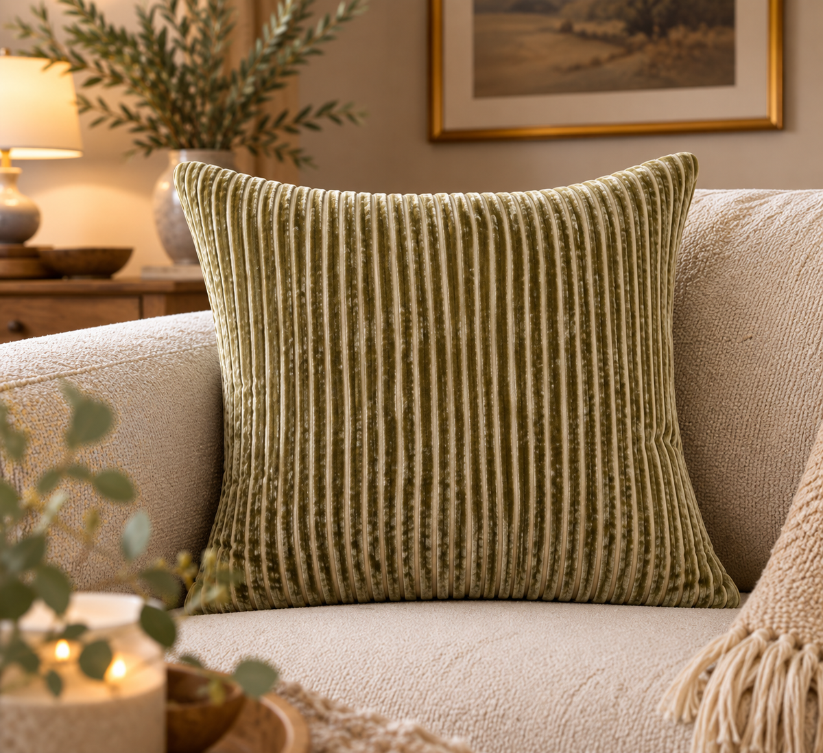 Amalfi Sage Velvet Stripe Cushion – 43 x 43cm