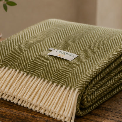 Wool Throw Olive Herringbone
