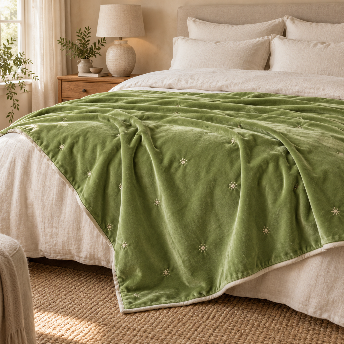 Grass Green Cotton Velvet Star Throw