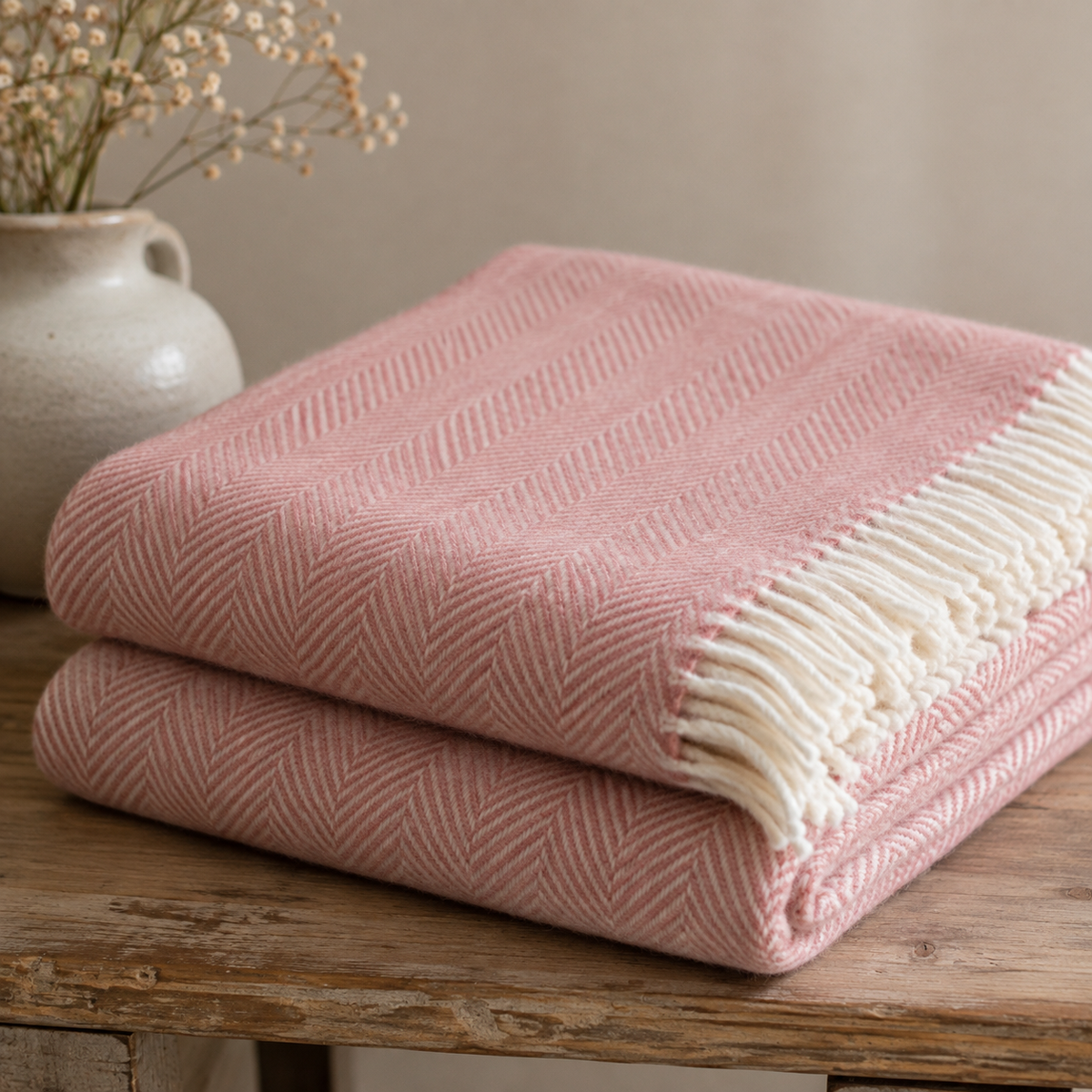 Wool Throw Herringbone Pink