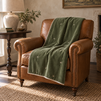 Moss Green Cotton Velvet Star Throw