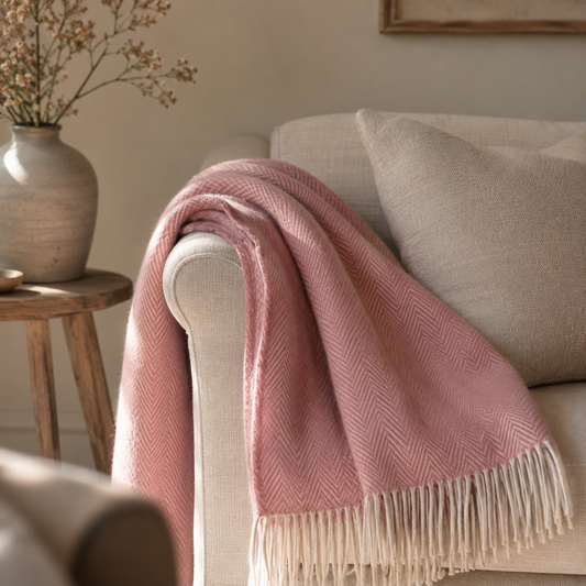 Wool Throw Herringbone Pink