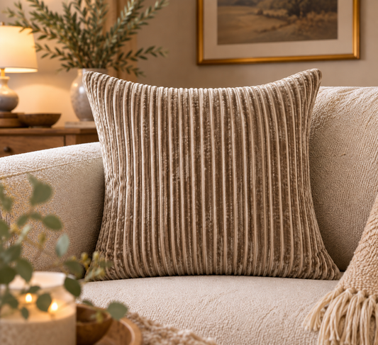 Amalfi Taupe Velvet Stripe Cushion – 43 x 43cm