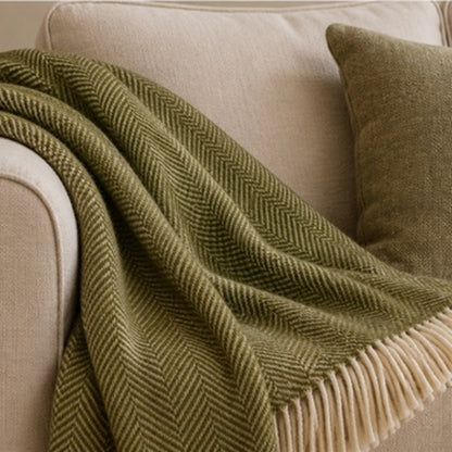 Wool Knee Throw Olive Herringbone