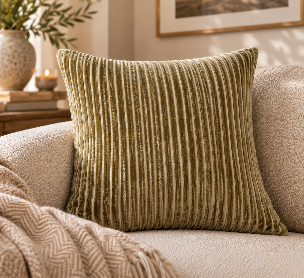 Amalfi Sage Velvet Stripe Cushion – 56 x 56cm